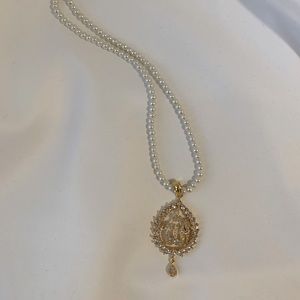 White Pearl Necklace with Allah’s Name | Golden Layer with White Stones |